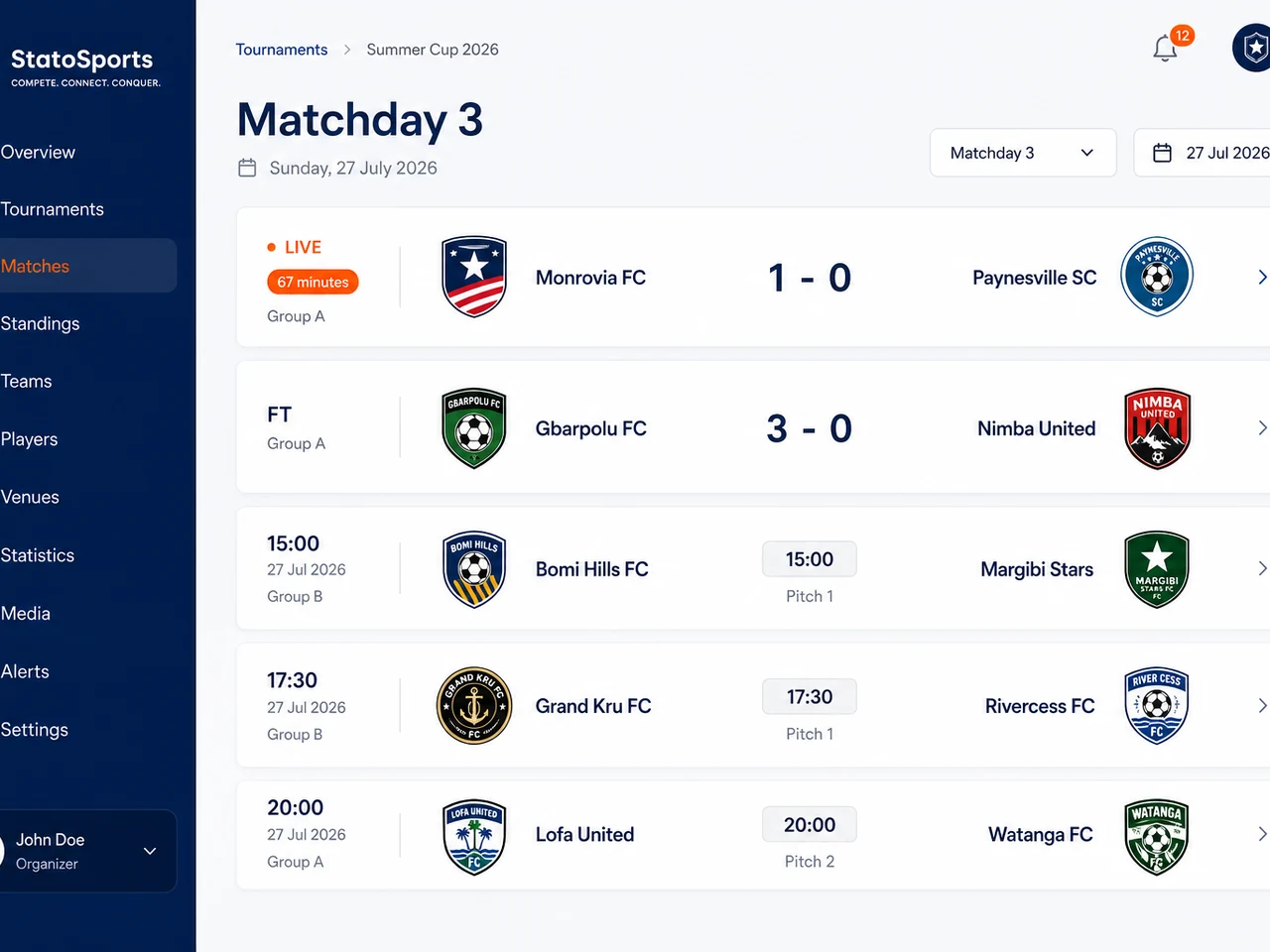 Matchday fixtures and schedule in the StatoSports console