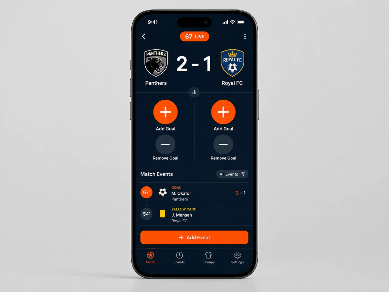 Referee live-scoring console on a phone