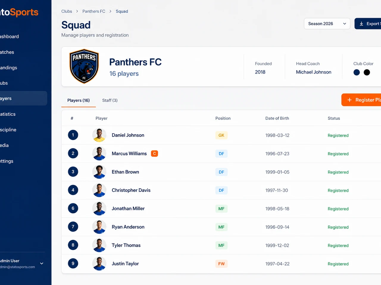 Club squad and player registration in the StatoSports console